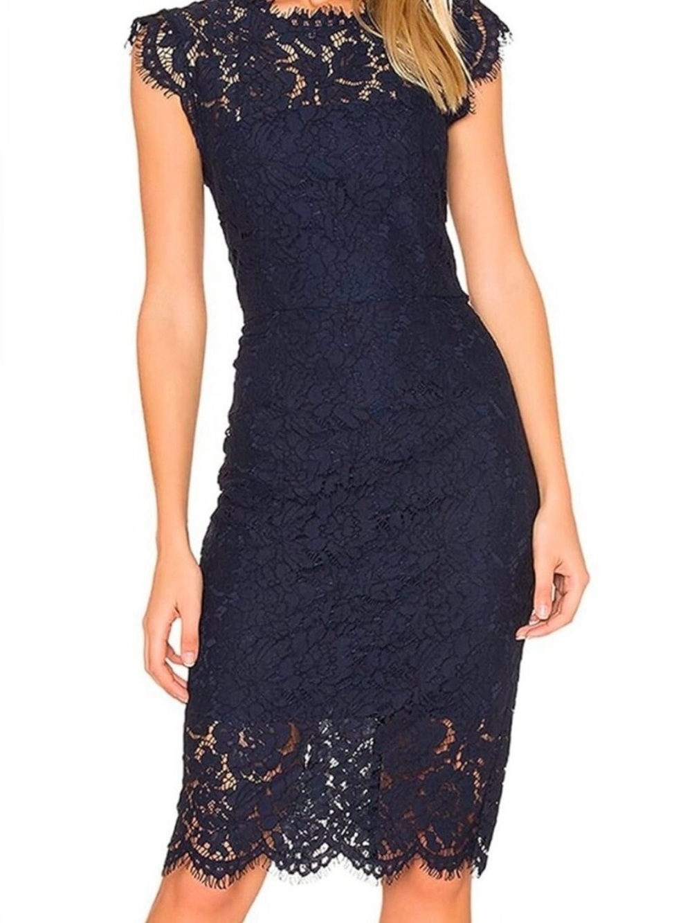 Elegant Navy Lace Cap-Sleeve Sheath Dress